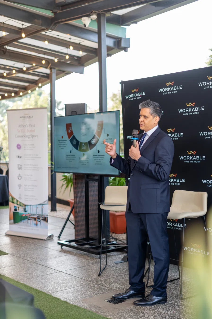 Samir Patel, CEO and Founder of Workable, speaks at the launch of the company's WELL Coworking Rating the first such certification awarded to a coworking space in Africa.